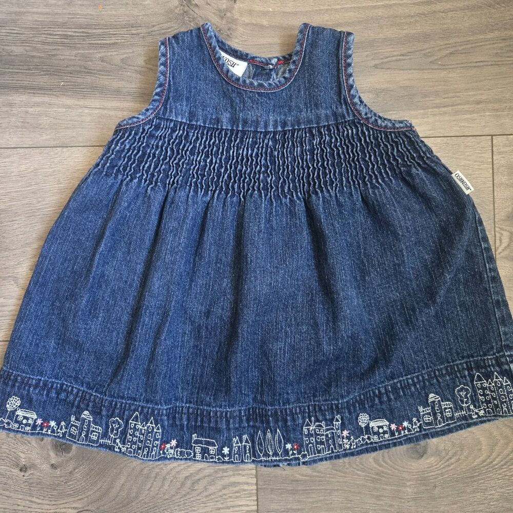 Vtg OshKosh B'gosh 18M Scenic Hem Village Embroidered Denim Cottagecore Y2K